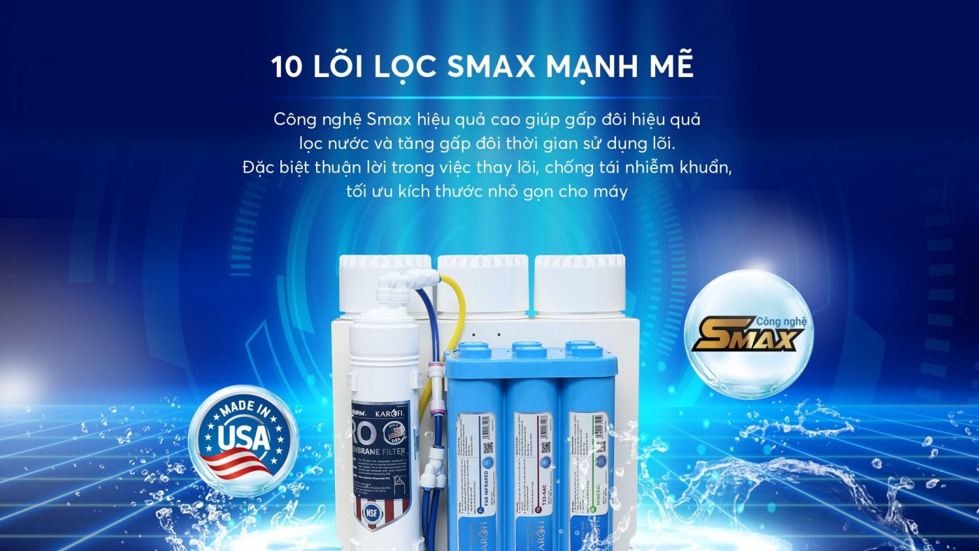 10 lõi lọc mạnh mẽ Thiết kế để gầm nhỏ gọn Màng RO thay nhanh Mỹ Bảo hành: 36 Tháng 