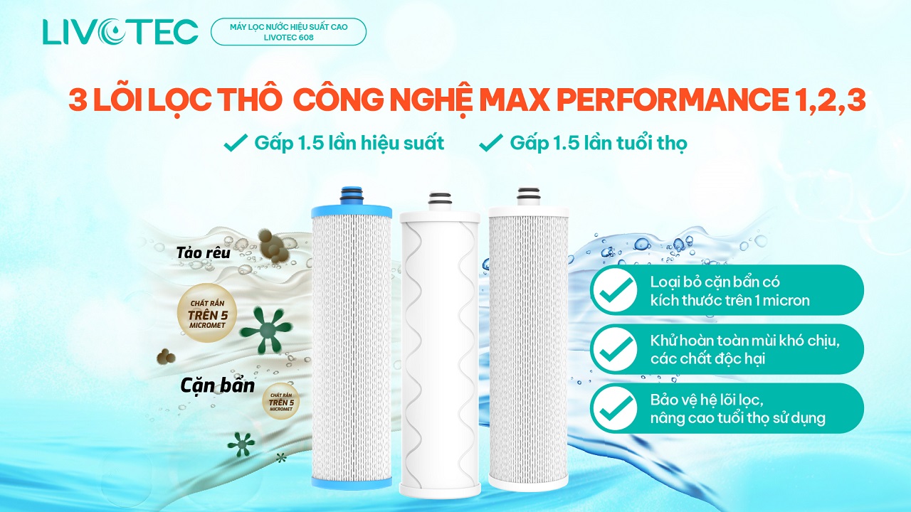 Livotec 608 lõi lọc thô Max-Performance lọc sạch cặn bẩn